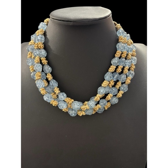 Trifari Jewelry - Trifari Vintage Blue Gold tone Nugget Glass Necklace Bracelet Jewelry Set Signed